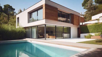 Modern house with swimming pool, exterior view. Generative ai and digital editing.