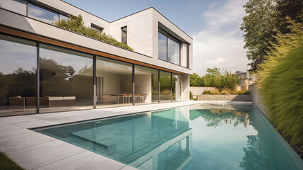 Fototapeta na wymiar Modern house with swimming pool, exterior view. Generative ai and digital editing.