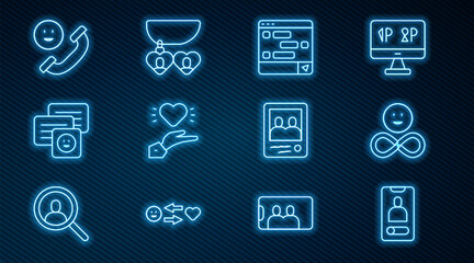 Set line Incoming call on mobile, Friends forever, Chat messages laptop, Pleasant relationship, Family photo and Necklace with heart shaped icon. Vector