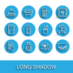 Set line Digital door lock, Suitcase, Hotel service bell, Wi-Fi wireless internet, Smart Tv, Please not disturb, Sunbed with umbrella and Bottle of champagne icon. Vector