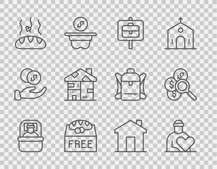 Set line Sleeping bag, Volunteer, Work search, Donation food, Homeless cardboard house, Real estate and Search for money icon. Vector