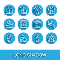 Set line Shelter for homeless, Volunteer, Garbage bag, Donation money, Homeless cardboard house, Multi storey building, Search and food icon. Vector