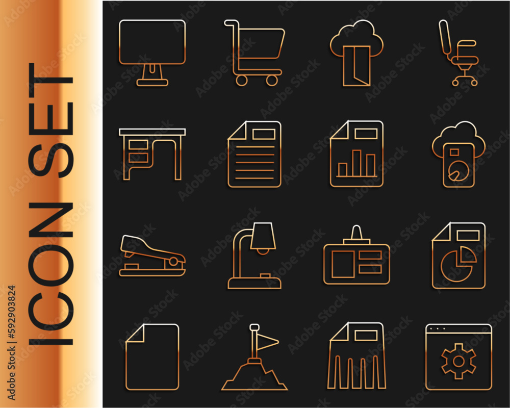 Poster set line browser setting, document with graph chart, cloud database, file document, office desk, com