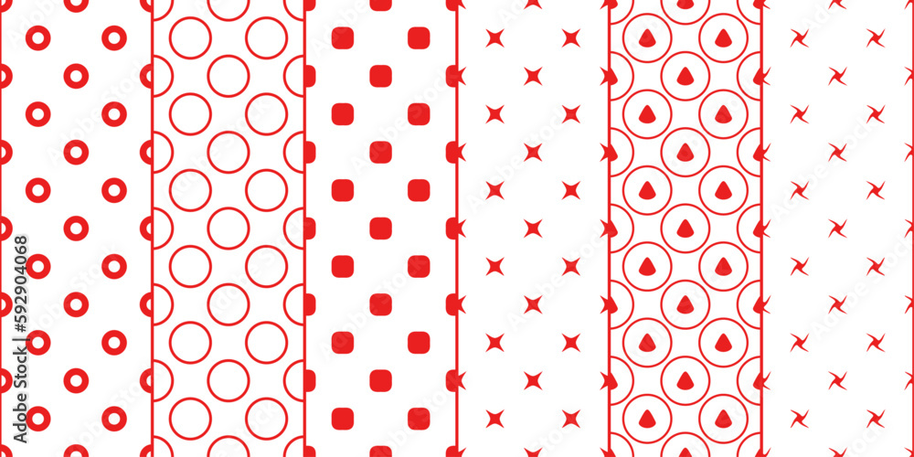 Fototapete Set of six red seamless patterns. Set of repeating rings and octagons. Vector print for surface application. Seamless repeating set of simple patterns.