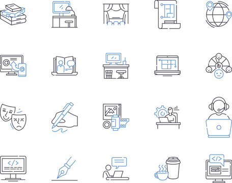 Freelancing outline icons collection. Freelance, Jobs, Contractor, Self-Employment, Gigs, Solopreneur, Outsourcing vector and illustration concept set. Entrepreneurship, Remote, Home-Based linear