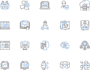 Programming coding outline icons collection. Coding, Programming, Scripting, Compiling, Debugging, Syntax, Algorithms vector and illustration concept set. Variables, Functions, Modules linear signs