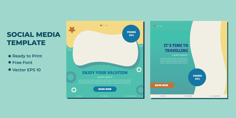 Holiday travel, traveling or summer beach travelling social media post or web banner template design. Tourism business marketing flyer or poster with abstract digital background, logo and icon.