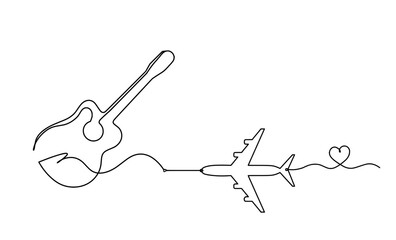 Abstract guitar with plane as continuous lines drawing on white background