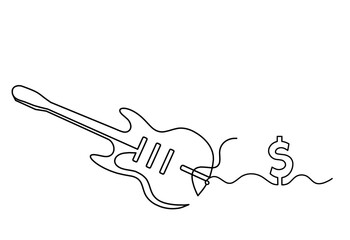 Abstract guitar with dollar as continuous lines drawing on white background