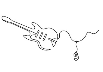 Abstract guitar with dollar as continuous lines drawing on white background