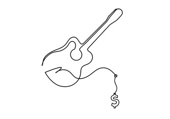 Abstract guitar with dollar as continuous lines drawing on white background