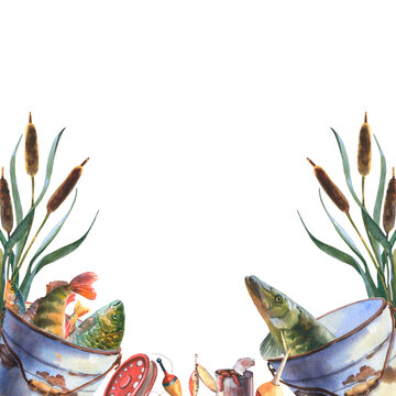 Fishing frame with reeds, floats, reel and backet with fishes. Watercolor illustration. For design solutions for labels, postcards, banners, packaging