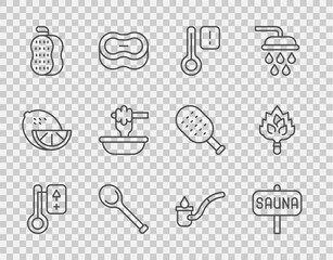 Set line Sauna thermometer, ladle, Washcloth, Honey dipper stick with bowl, and broom icon. Vector