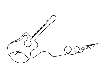 Abstract guitar with paper plane as continuous lines drawing on white background