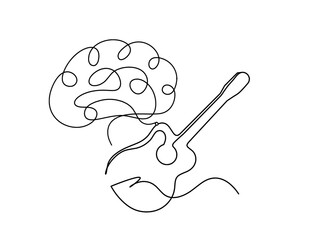 Abstract guitar with brain as continuous lines drawing on white background