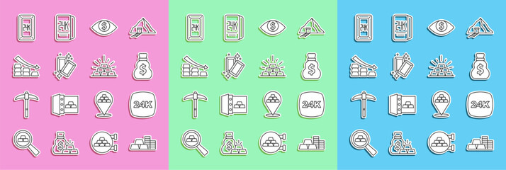 Set line Gold coin with gold bars, 24k, Old money bag, Eye dollar, Falling arrow, and icon. Vector