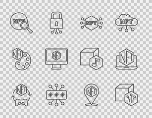 Set line NFT Digital crypto art, Cyber security, Search, Monitor with store app, and Laptop icon. Vector