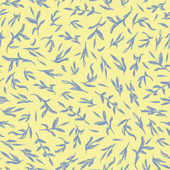 Abstract leaves seamless repeat pattern. Random placed, vector botany all over surface print on yellow background.