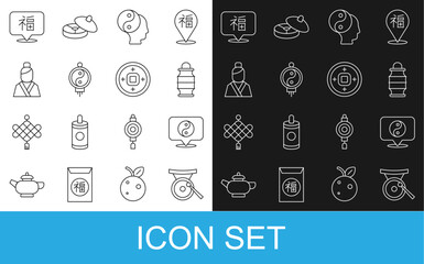 Set line Gong musical instrument, Yin Yang symbol, Chinese paper lantern, Asian woman, New Year and Yuan currency icon. Vector