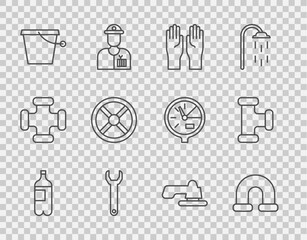 Set line Bottle of water, Industry metallic pipe, Rubber gloves, Wrench spanner, Bucket, valve, Water tap and icon. Vector