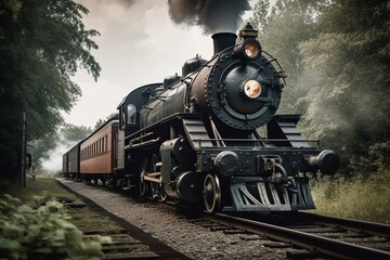 Fototapeta na wymiar Old steam locomotive traveling by rail railway transport. Generative AI