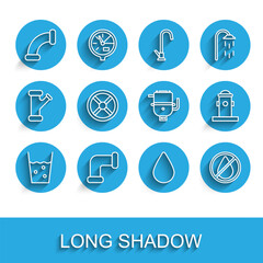 Set line Glass with water, Industry metallic pipe, Water drop, forbidden, valve, Fire hydrant and Electric boiler heating icon. Vector