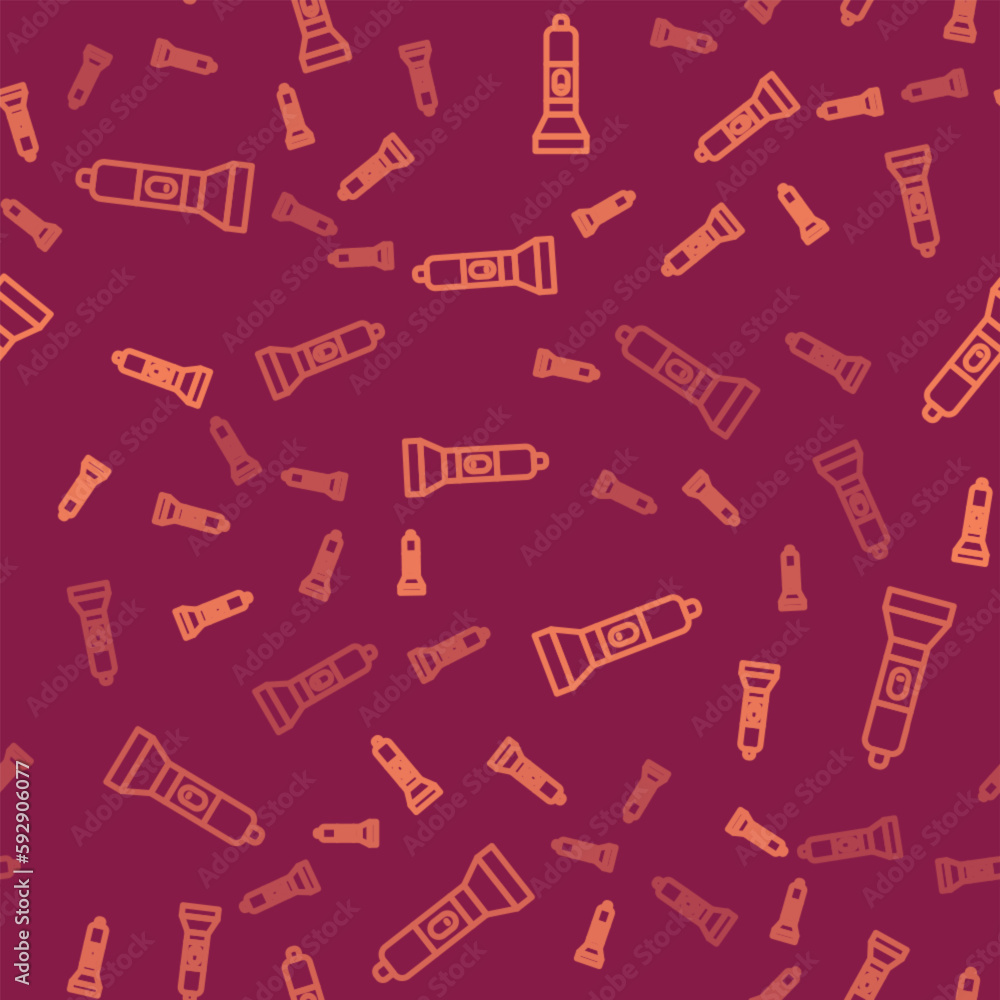 Poster brown line flashlight icon isolated seamless pattern on red background. vector