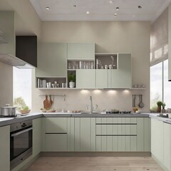 modern kitchen interior with green cabinet, generative ai