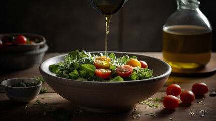 Frischer grüner Kopfsalat mit Tomaten in einer Schüssel vor schwarzem Hintergrund, garniert mit Olivenöl und Kräutern - with Generative Al technology