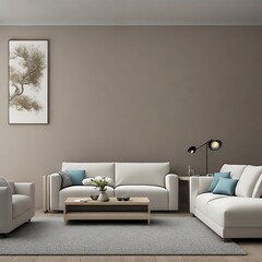 modern living room with white sofa and pastel wall, generative ai
