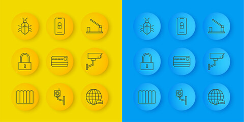 Set line Garden fence wooden, Lock, Credit card, Social network, Security camera, System bug concept, Parking barrier and Mobile with closed padlock icon. Vector