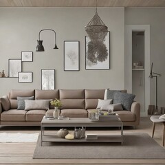 living room interior with big sofa, generative ai