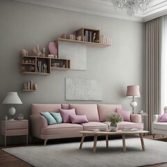 modern living room with pink sofa and grey wall, generative ai