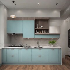 modern kitchen interior with blue cabinet, generative ai
