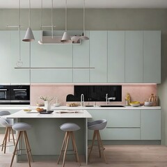 Fototapeta na wymiar modern kitchen interior with pastel color, generative ai