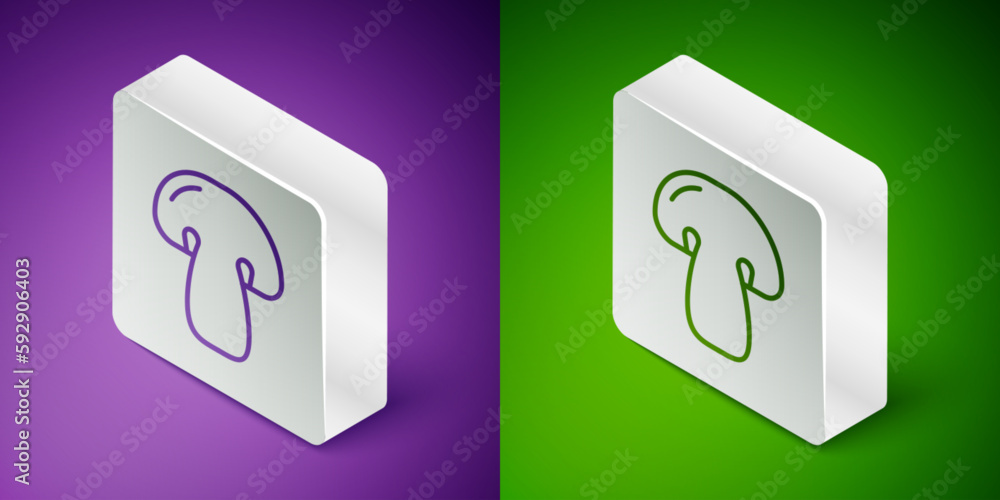 Poster isometric line mushroom icon isolated isometric line background. silver square button. vector