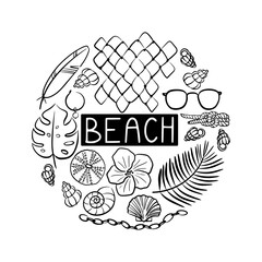 Vector outline sea shore collection isolated on white background. Hand drawn illustration