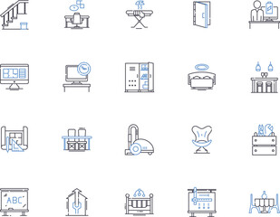 Furniture outline icons collection. Couch, Chair, Table, Desk, Bed, Bookcase, Dresser vector and illustration concept set. Ottoman, Sofa, Shelves linear signs