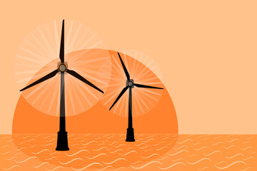 Wind turbine farm on sea at sunset. Wind energy and Renewable resource. Flat vector illustration
