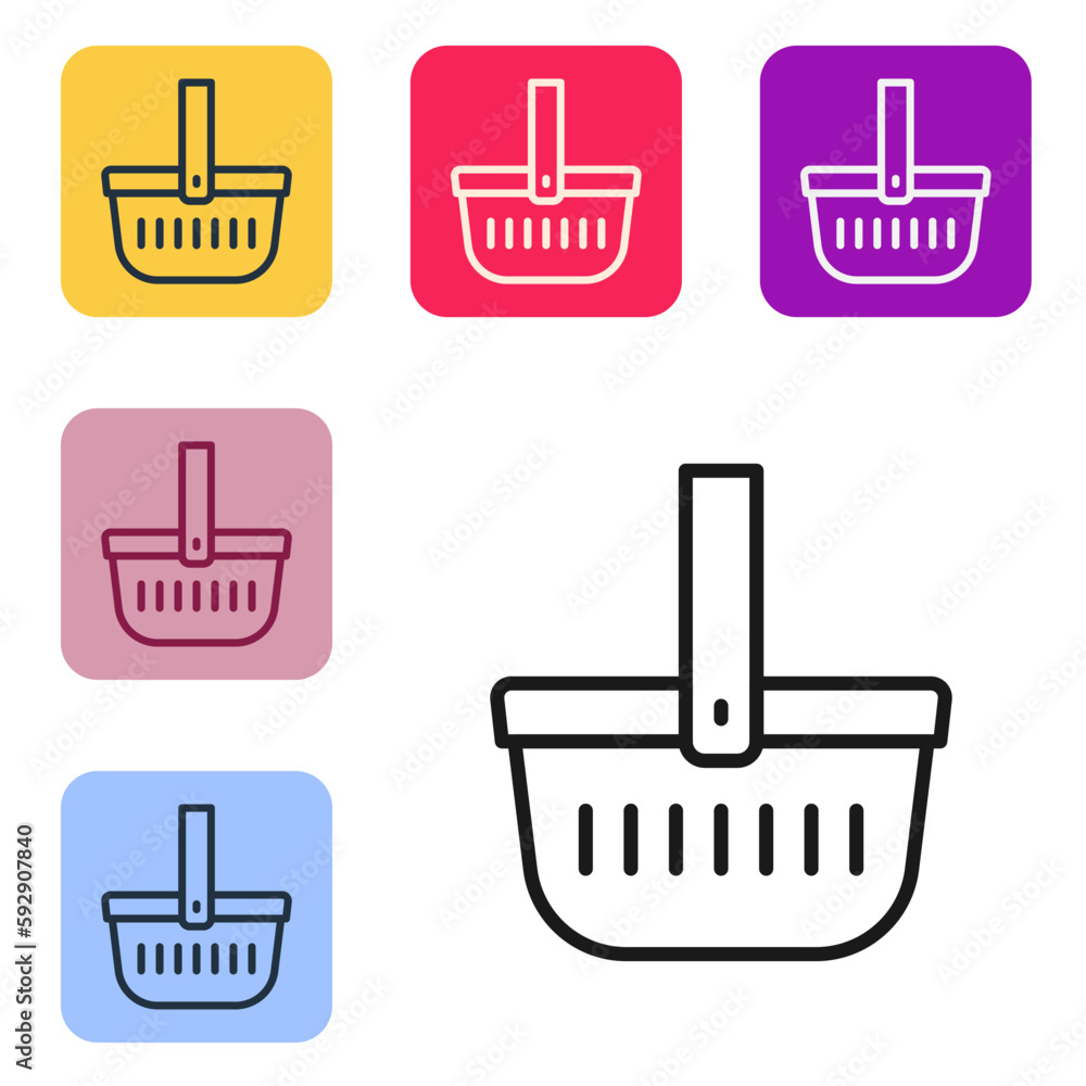 Poster black line picnic basket icon isolated on white background. set icons in color square buttons. vecto
