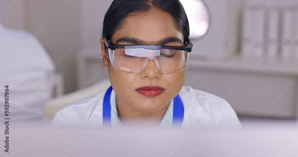 Poster scientist in laboratory, woman and computer with focus on science study for medical research and sci