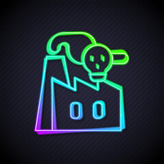 Glowing neon line Smoke from factory icon isolated on black background. Environmental pollution problem, smoke pipes of factory, ecology industrial harm. Vector