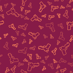 Brown line Pistol or gun icon isolated seamless pattern on red background. Police or military handgun. Small firearm. Vector