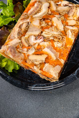 meat tripe mini beef meat Normandy cider  in jelly meal food snack on the table copy space food background rustic top view