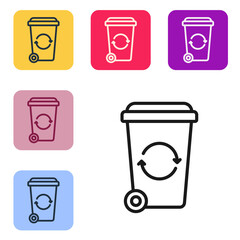 Black line Recycle bin with recycle symbol icon isolated on white background. Trash can icon. Garbage bin sign. Recycle basket sign. Set icons in color square buttons. Vector
