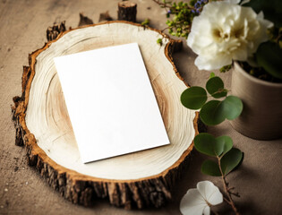 Rustic wooden slice with empty white vertical blank of paper mockup and floral greenery. Country wood ring with flat card for wedding invitation or greeting on the table. Generative AI - 592908806
