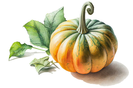 Watercolour pumpkin with leaves isolated on white. AI generative illustration.