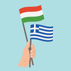 Flags of Hungary and Greece, Hand Holding flags