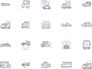 Cars outline icons collection. Vehicle, Automobile, Motor, Auto, Sedan, SUV, Truck vector and illustration concept set. Coupe, Van, Crossover linear signs