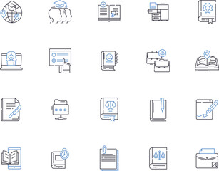 Book outline icons collection. Novel, Reading, Fiction, Textbook, Story, Library, Magazine vector and illustration concept set. Comic, Guide, Manual linear signs